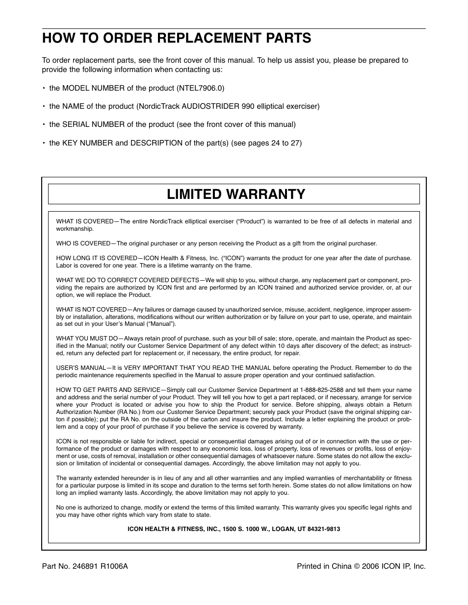 How to order replacement parts, Limited warranty | NordicTrack AudioStrider NTEL7906.0 User Manual | Page 28 / 28