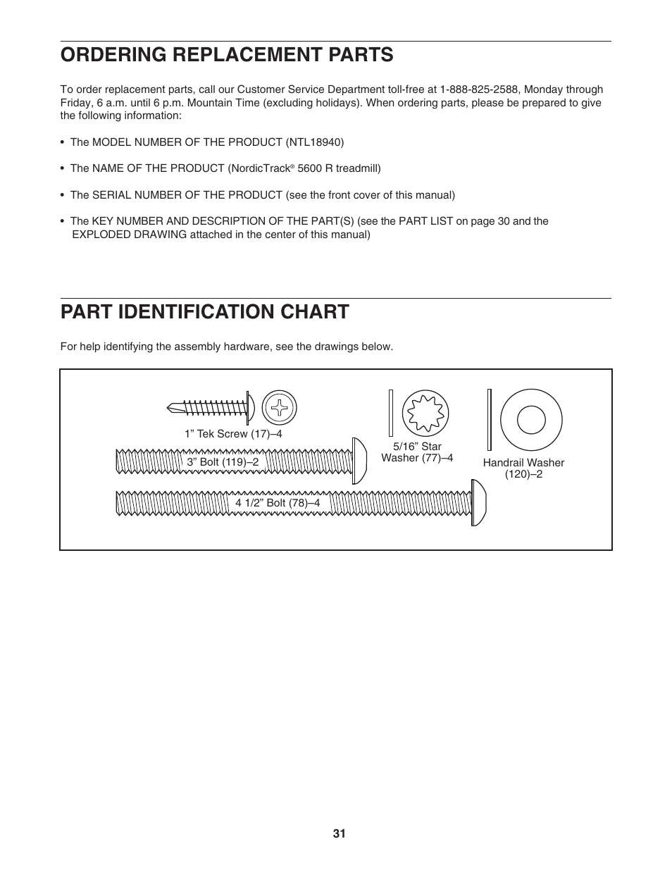 Ordering replacement parts, Part identification chart | NordicTrack 5600 R NTL18940 User Manual | Page 31 / 34