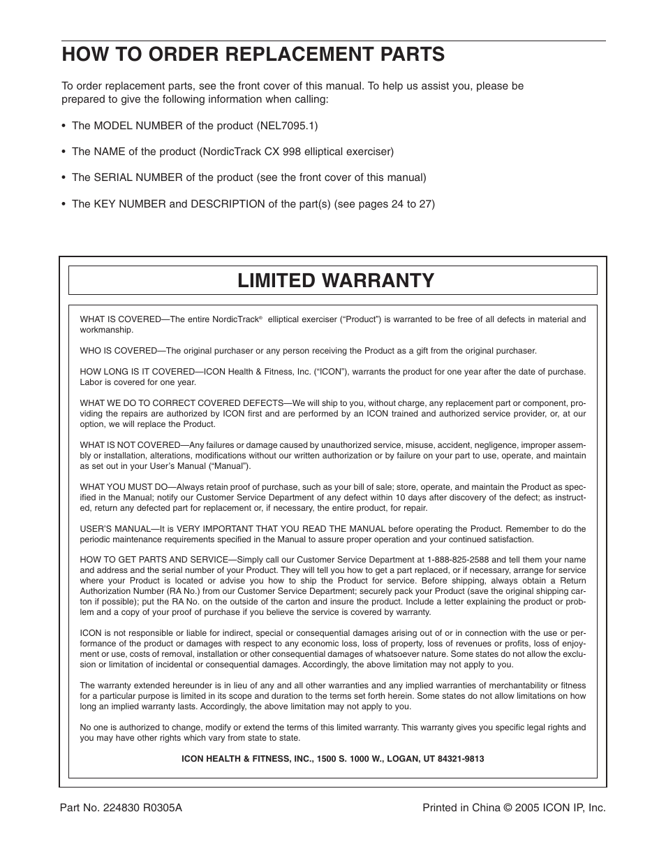 How to order replacement parts, Limited warranty | NordicTrack NEL7095.1 User Manual | Page 28 / 28