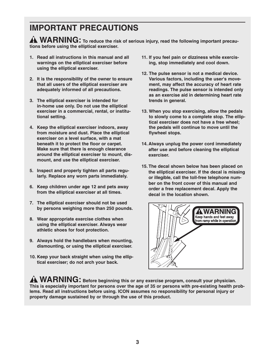 Important precautions warning, Warning | NordicTrack NEL7095.1 User Manual | Page 3 / 28