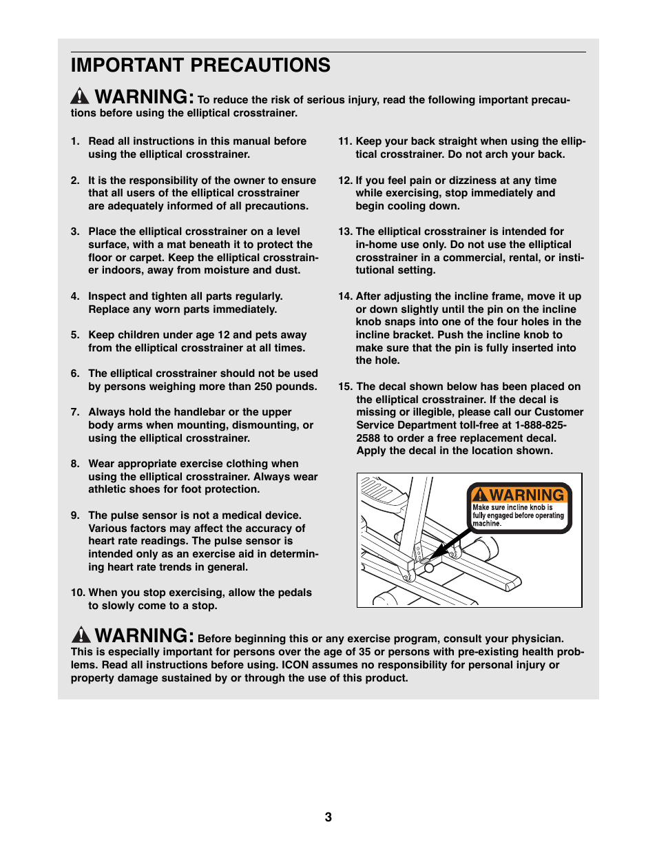 Important precautions warning, Warning | NordicTrack NTEL08991 User Manual | Page 3 / 20