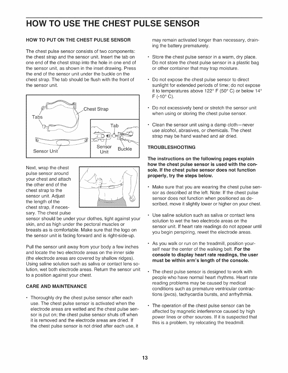 How to put on the chest pulse sensor, Care and maintenance, Troubleshooting | How to use the chest pulse sensor | NordicTrack NTL14010.0 User Manual | Page 13 / 40