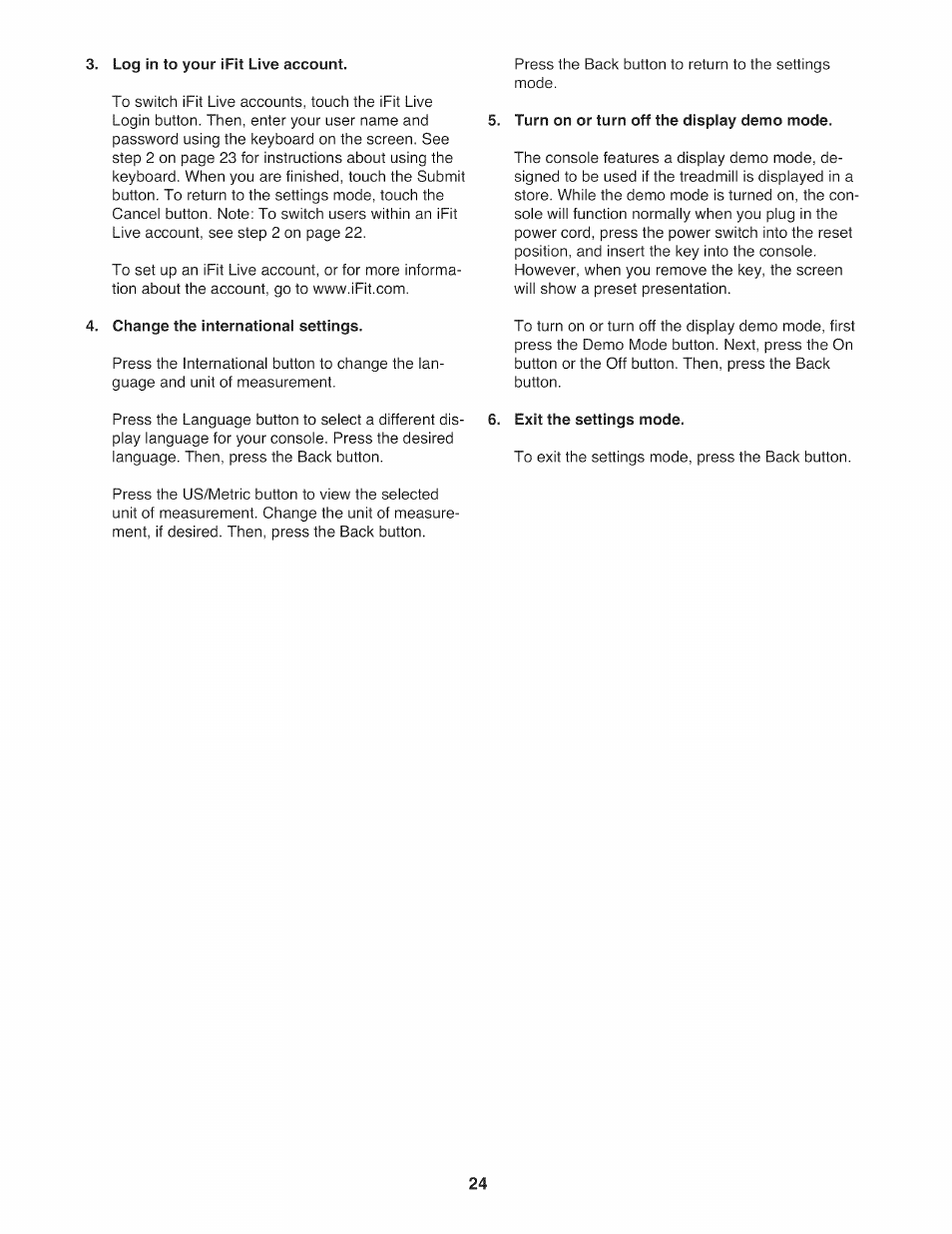 Change the international settings, Turn on or turn off the display demo mode, Exit the settings mode | NordicTrack NTL14010.0 User Manual | Page 24 / 40