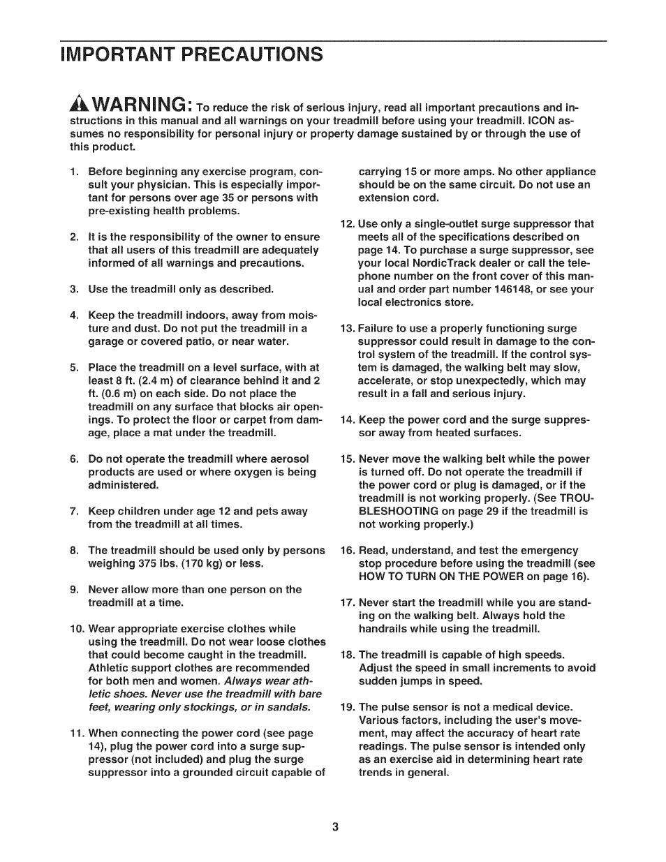 Important precautions, Important precautions a, Warning | NordicTrack NTL14010.0 User Manual | Page 3 / 40