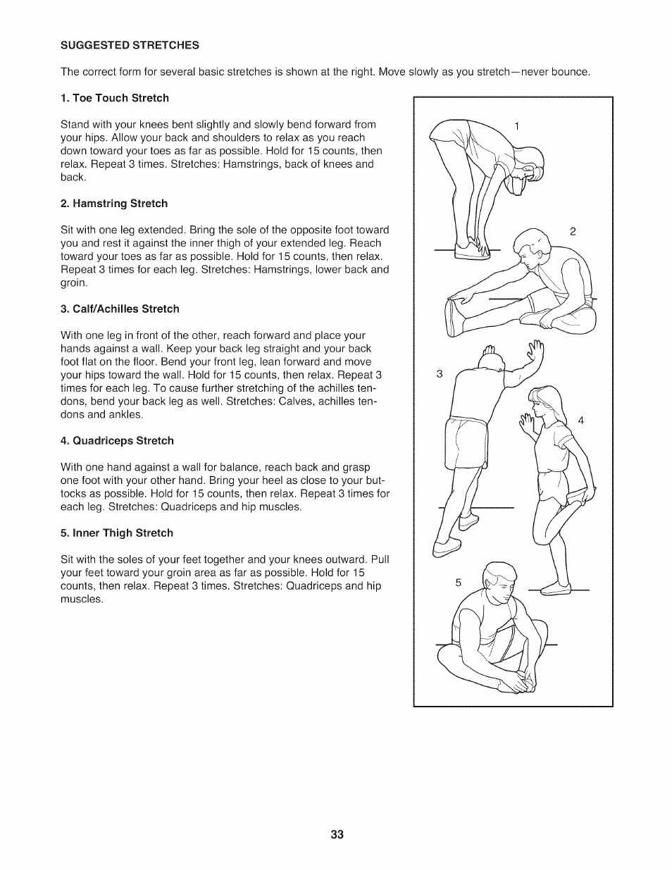 Suggested stretches, Toe touch stretch, Hamstring stretch | Calf/achilles stretch, Quadriceps stretch, Inner thigh stretch | NordicTrack NTL14010.0 User Manual | Page 33 / 40