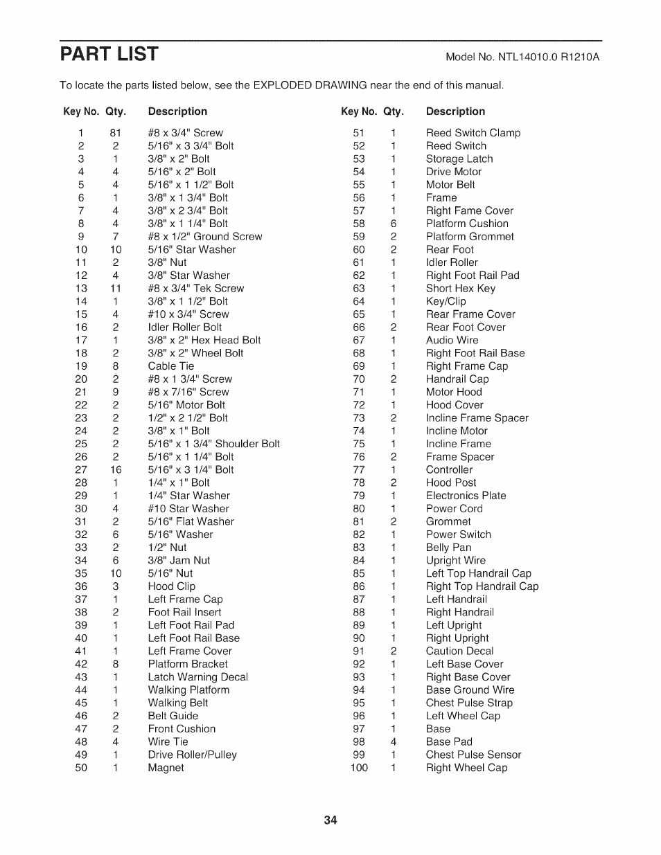 Part list | NordicTrack NTL14010.0 User Manual | Page 34 / 40