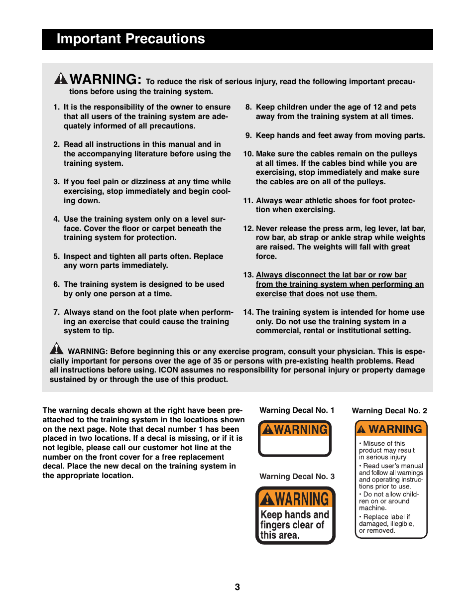 Important precautions, Warning | NordicTrack NTSY06990 User Manual | Page 3 / 25