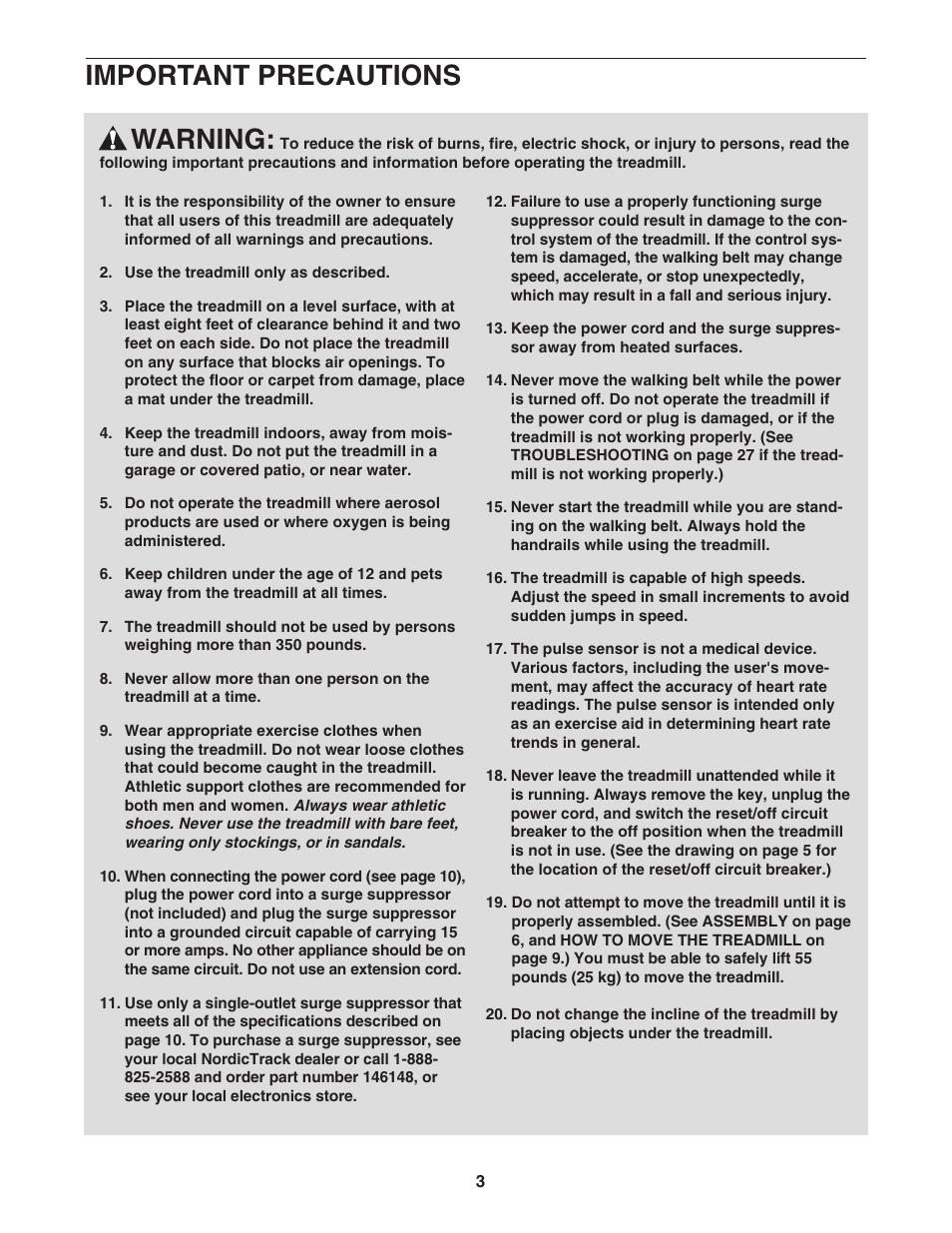 Warning, Important precautions | NordicTrack E3000 NTL17950 User Manual | Page 3 / 34