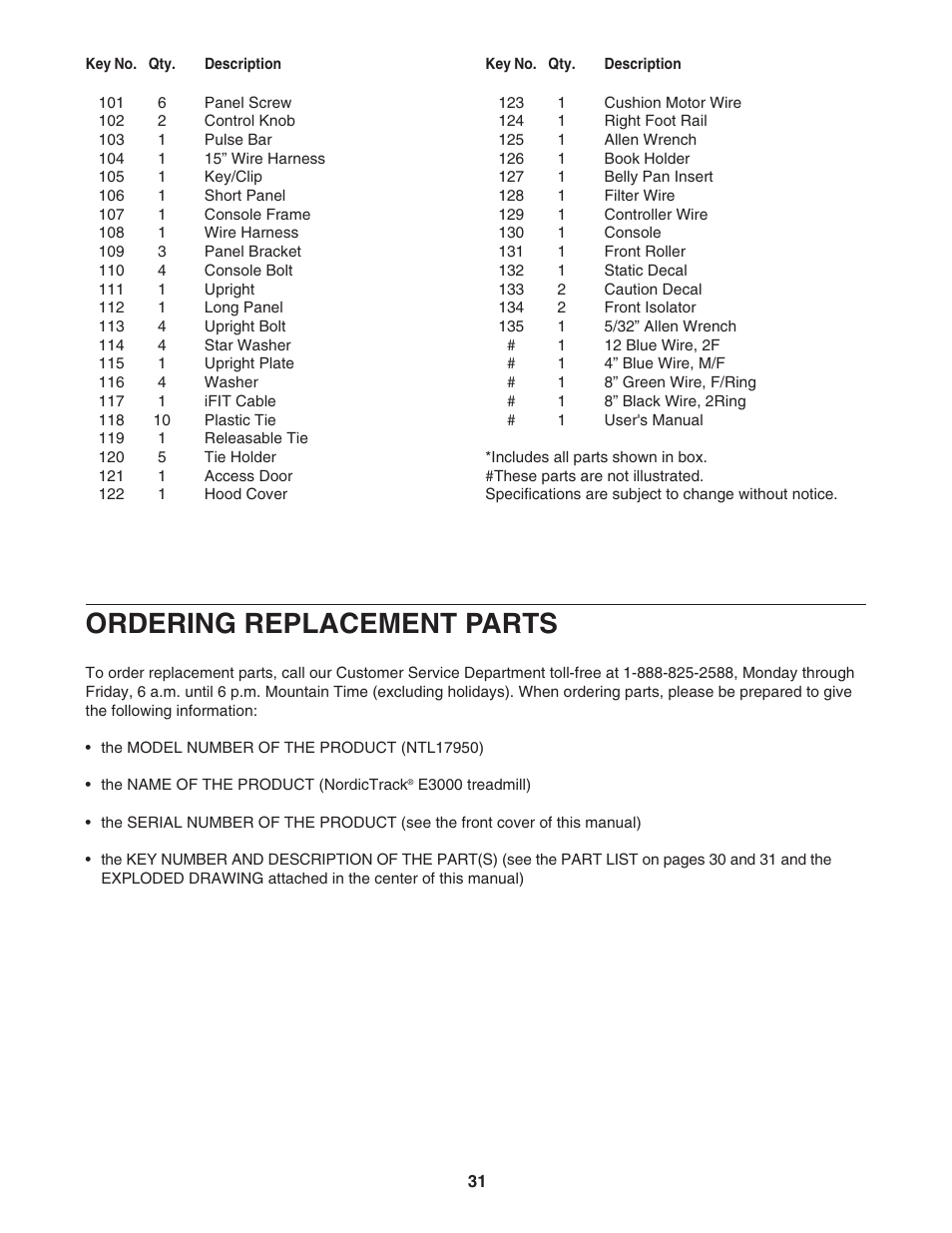 Ordering replacement parts | NordicTrack E3000 NTL17950 User Manual | Page 31 / 34