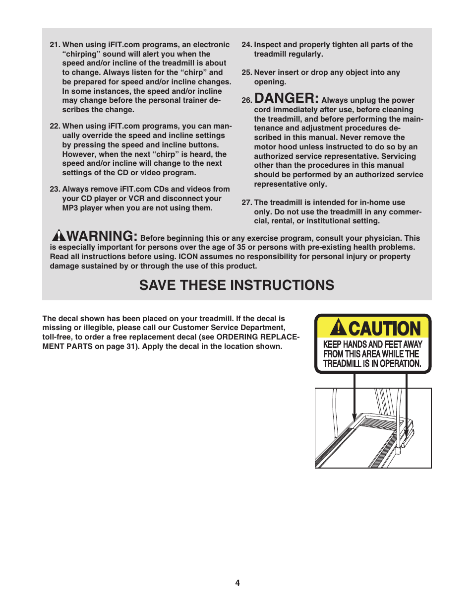 Danger, Warning, Save these instructions | NordicTrack E3000 NTL17950 User Manual | Page 4 / 34
