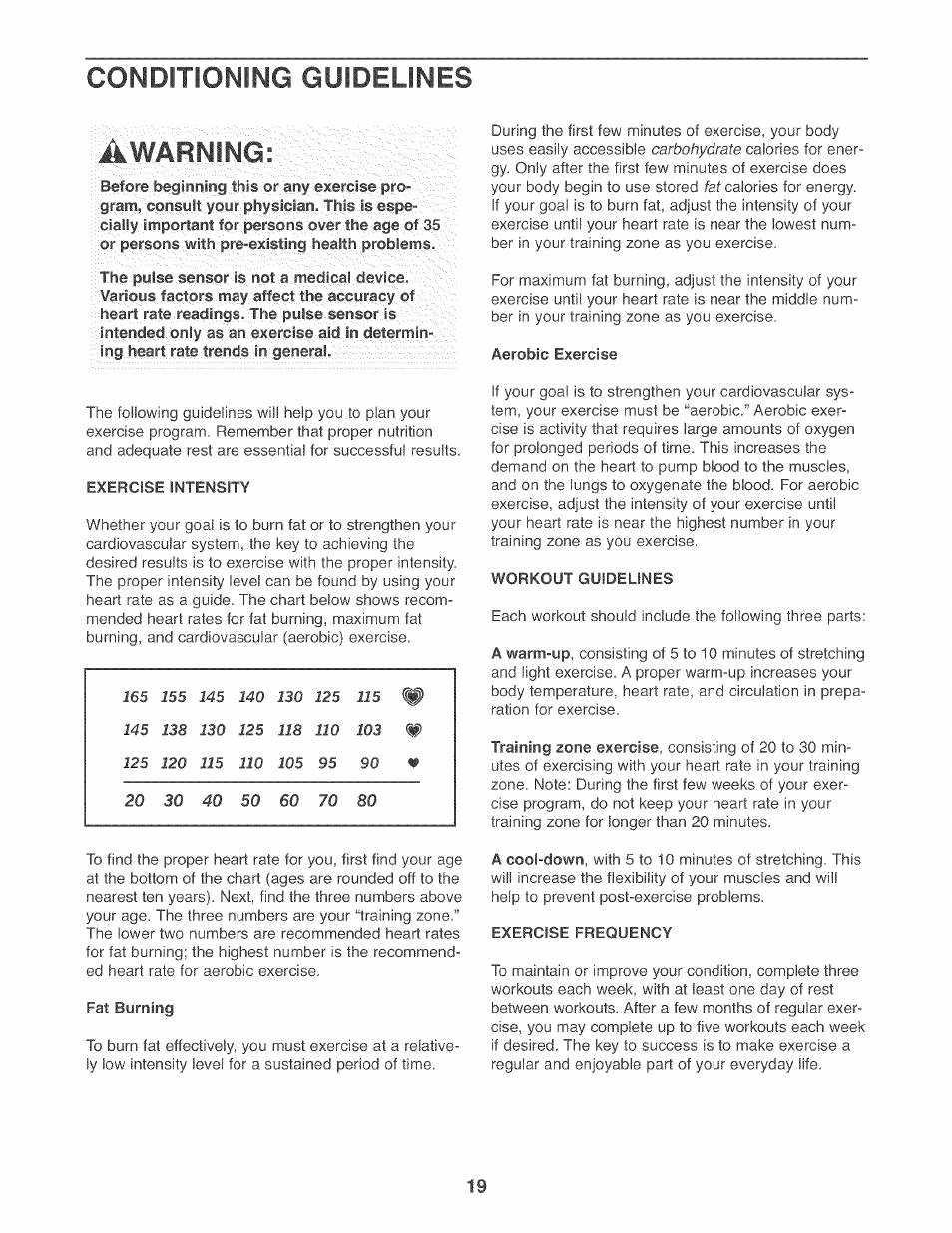 Conditioning guidelines, Awarning, Conditioning guidelines awarning | NordicTrack AUDIOSTRIDER 800 NTEL7706.1 User Manual | Page 19 / 24
