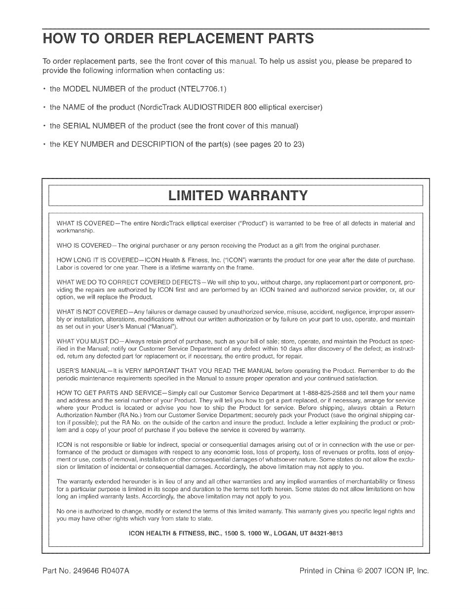How to order replacement parts, Limited warranty | NordicTrack AUDIOSTRIDER 800 NTEL7706.1 User Manual | Page 24 / 24