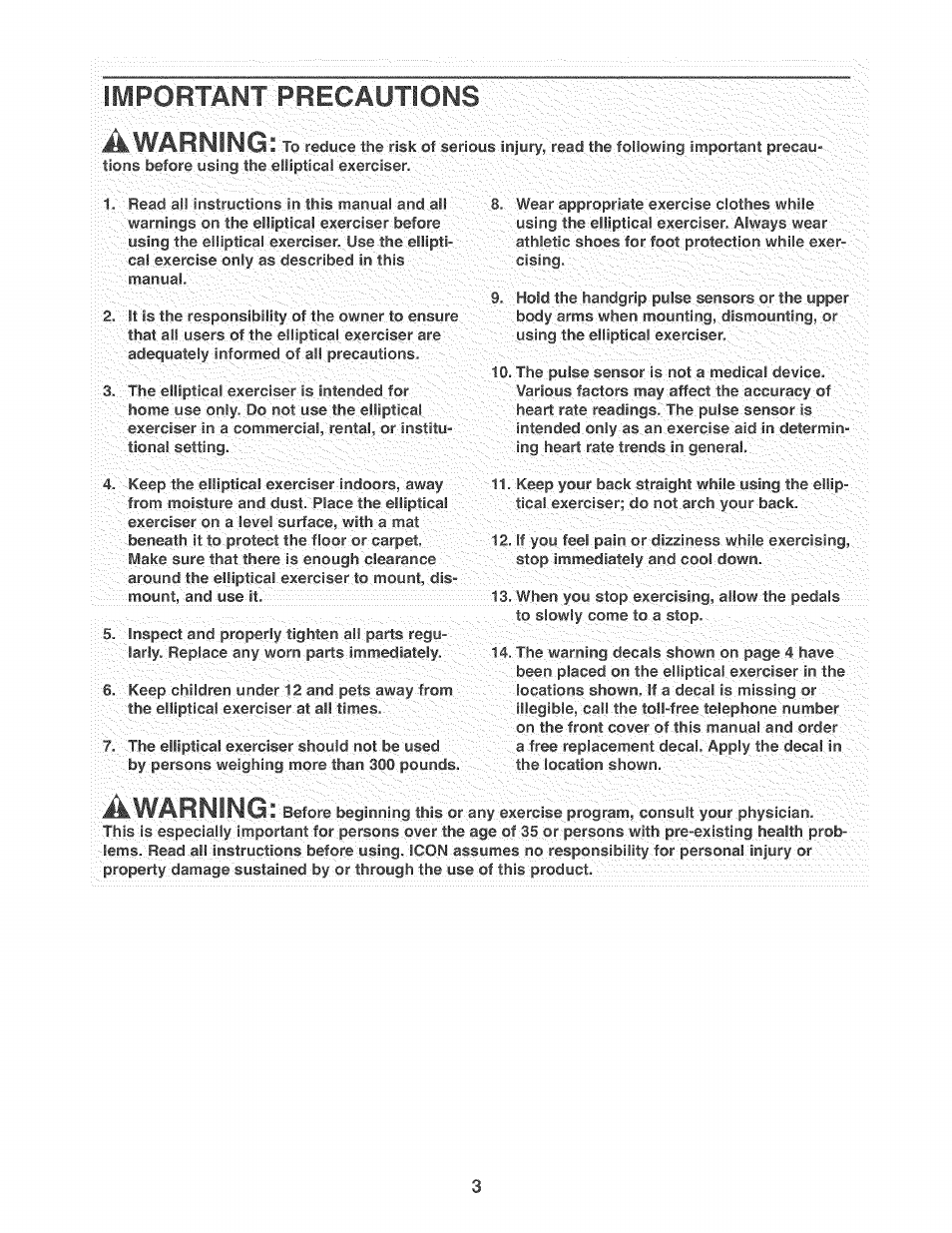 Important precautions, Important precautions awarning, Awarning i | NordicTrack AUDIOSTRIDER 800 NTEL7706.1 User Manual | Page 3 / 24