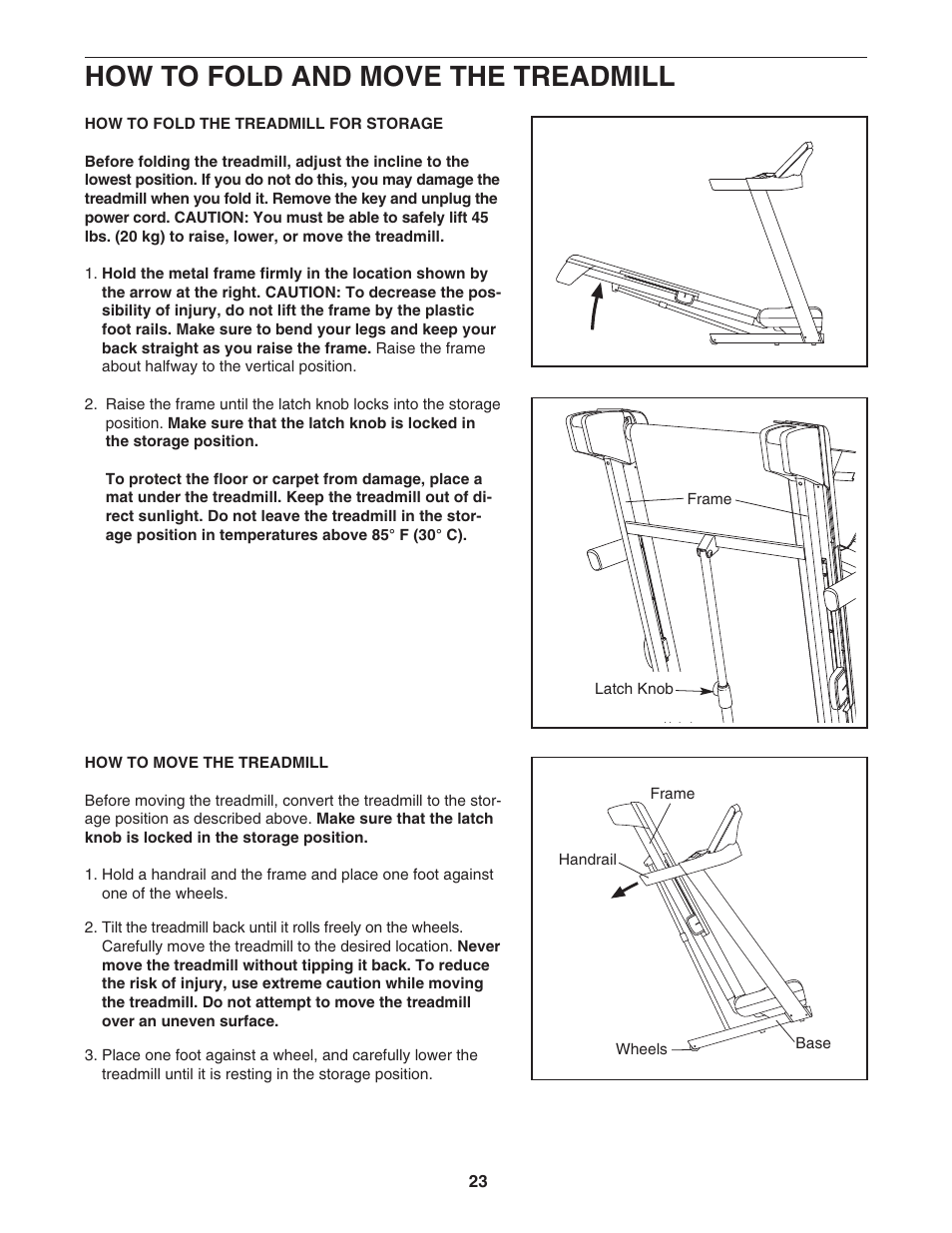 How to fold and move the treadmill | NordicTrack A2350 NTL07007.1 User Manual | Page 23 / 36