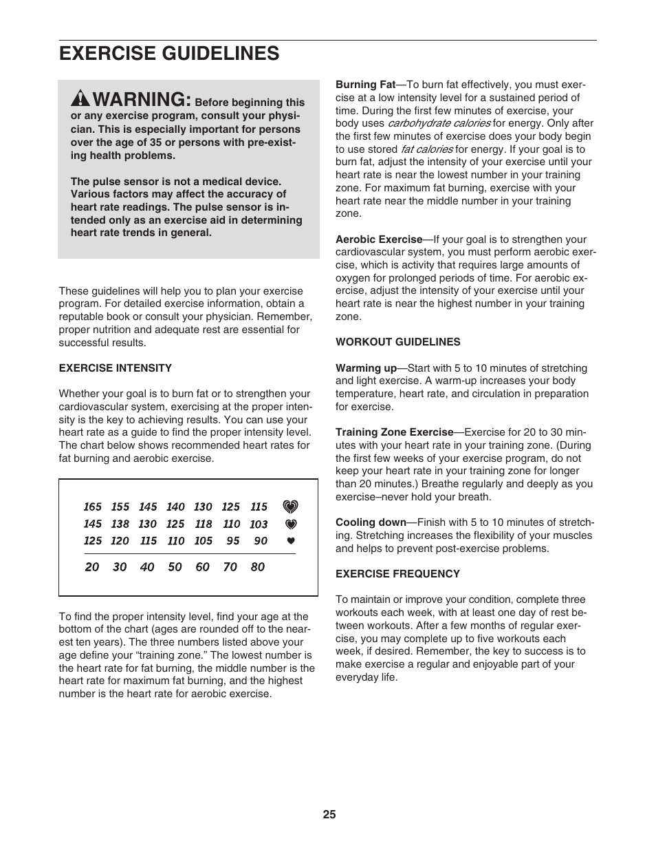 Exercise guidelines, Warning | NordicTrack 30702.0 User Manual | Page 25 / 32