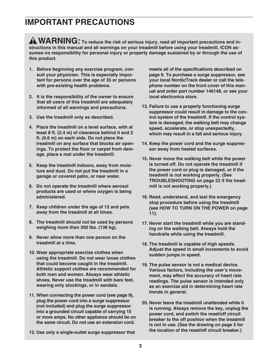 Warning, Important precautions | NordicTrack 30702.0 User Manual | Page 3 / 32