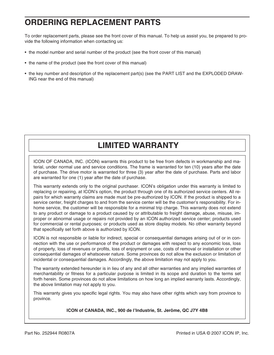 Ordering replacement parts, Limited warranty | NordicTrack 30702.0 User Manual | Page 32 / 32