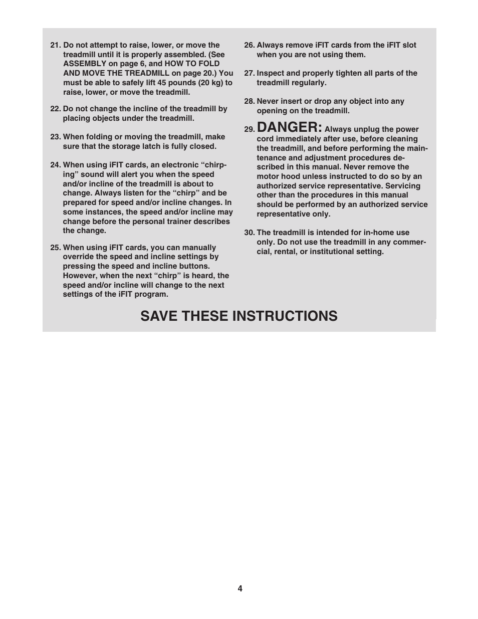 Danger, Save these instructions | NordicTrack 30702.0 User Manual | Page 4 / 32
