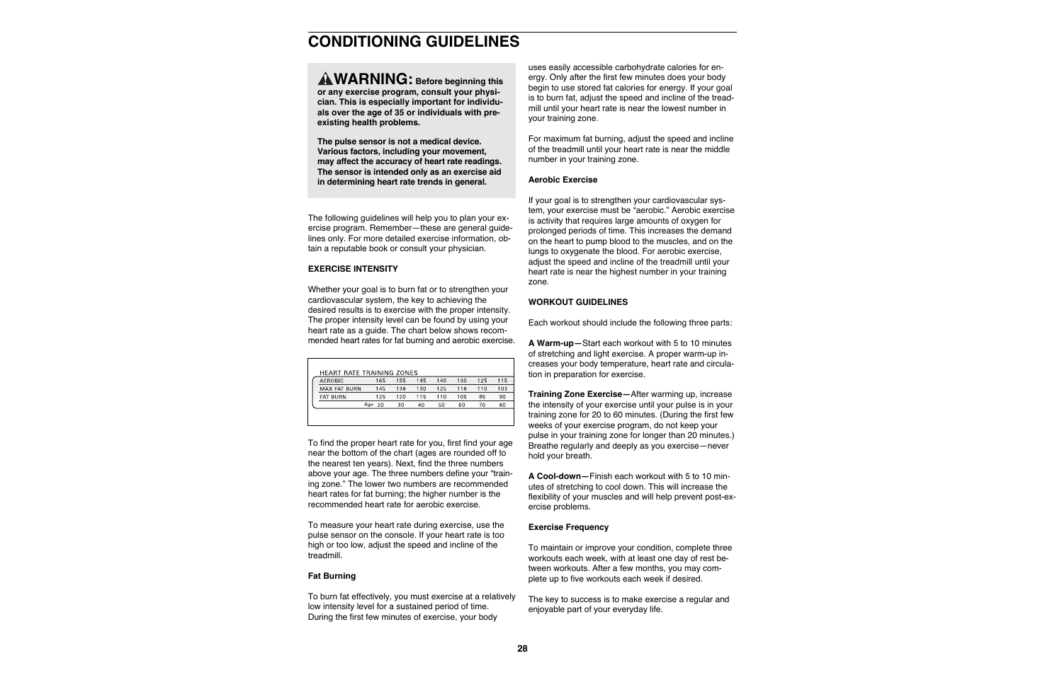 Conditioning guidelines, Warning | NordicTrack NTTL11990 User Manual | Page 28 / 34