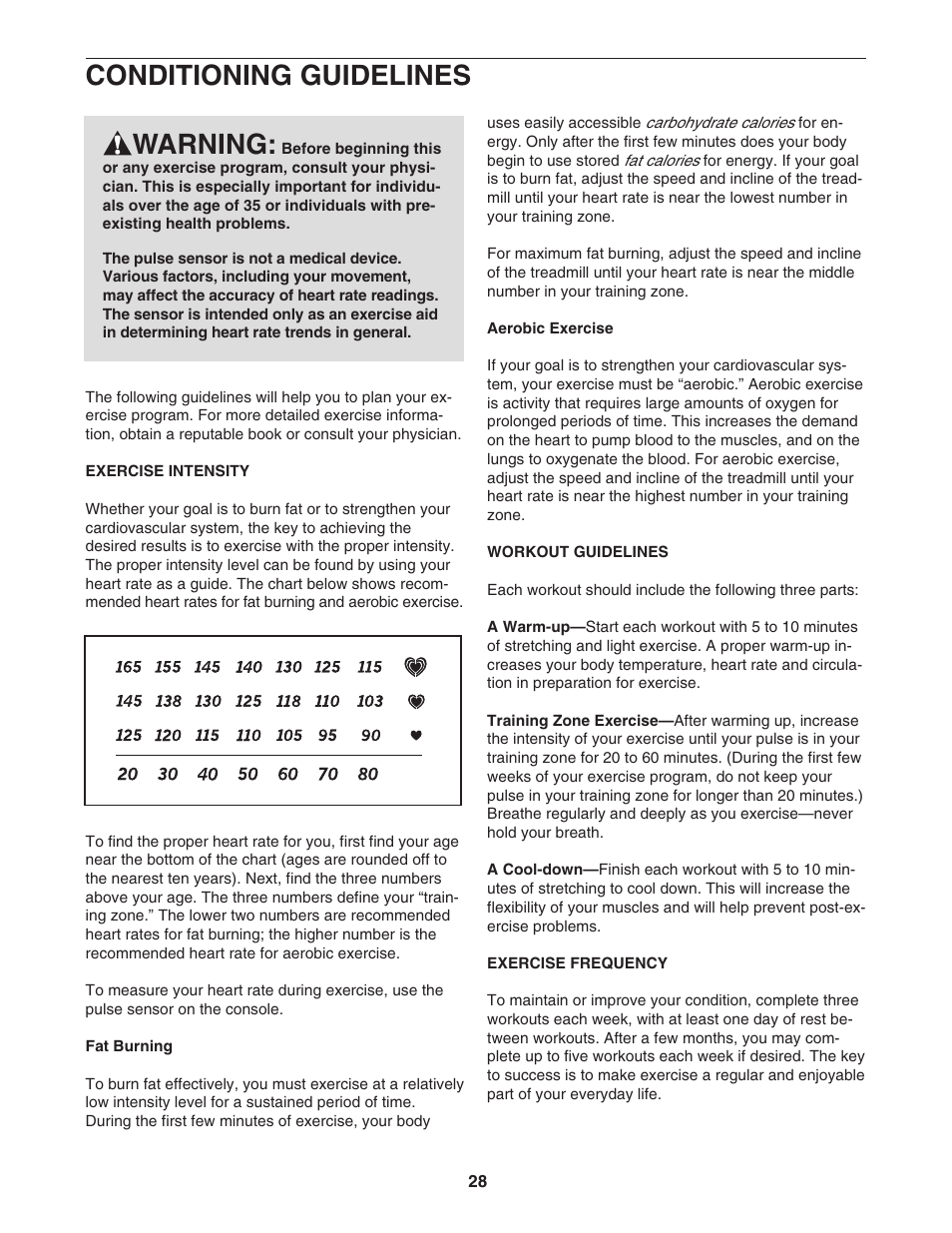 Conditioning guidelines, Warning | NordicTrack APEX 6500 NTL18907.0 User Manual | Page 28 / 36