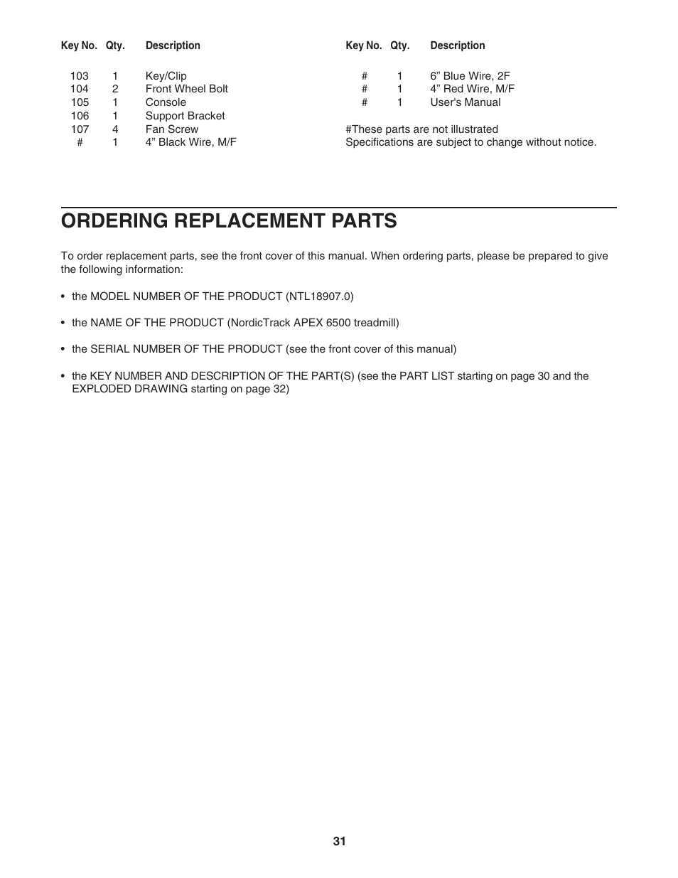 Ordering replacement parts | NordicTrack APEX 6500 NTL18907.0 User Manual | Page 31 / 36