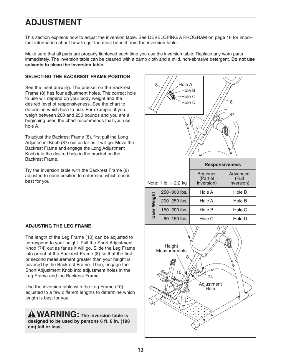 Adjustment, Warning | NordicTrack 831.14595.1 User Manual | Page 13 / 20
