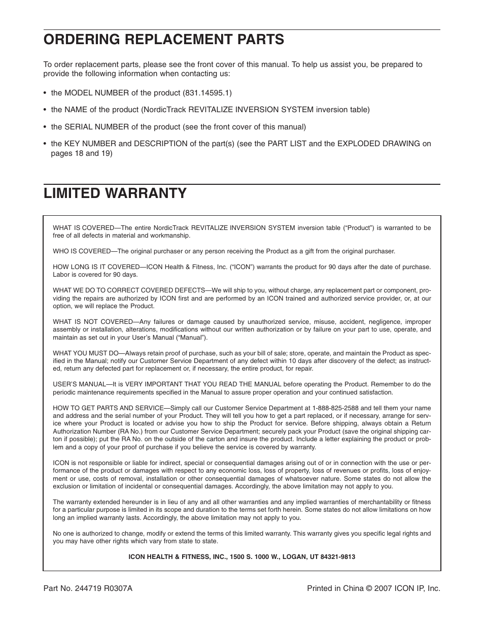 Ordering replacement parts limited warranty | NordicTrack 831.14595.1 User Manual | Page 20 / 20