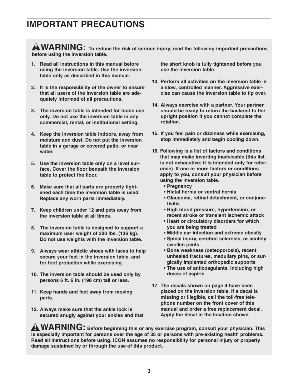 Warning, Important precautions | NordicTrack 831.14595.1 User Manual | Page 3 / 20