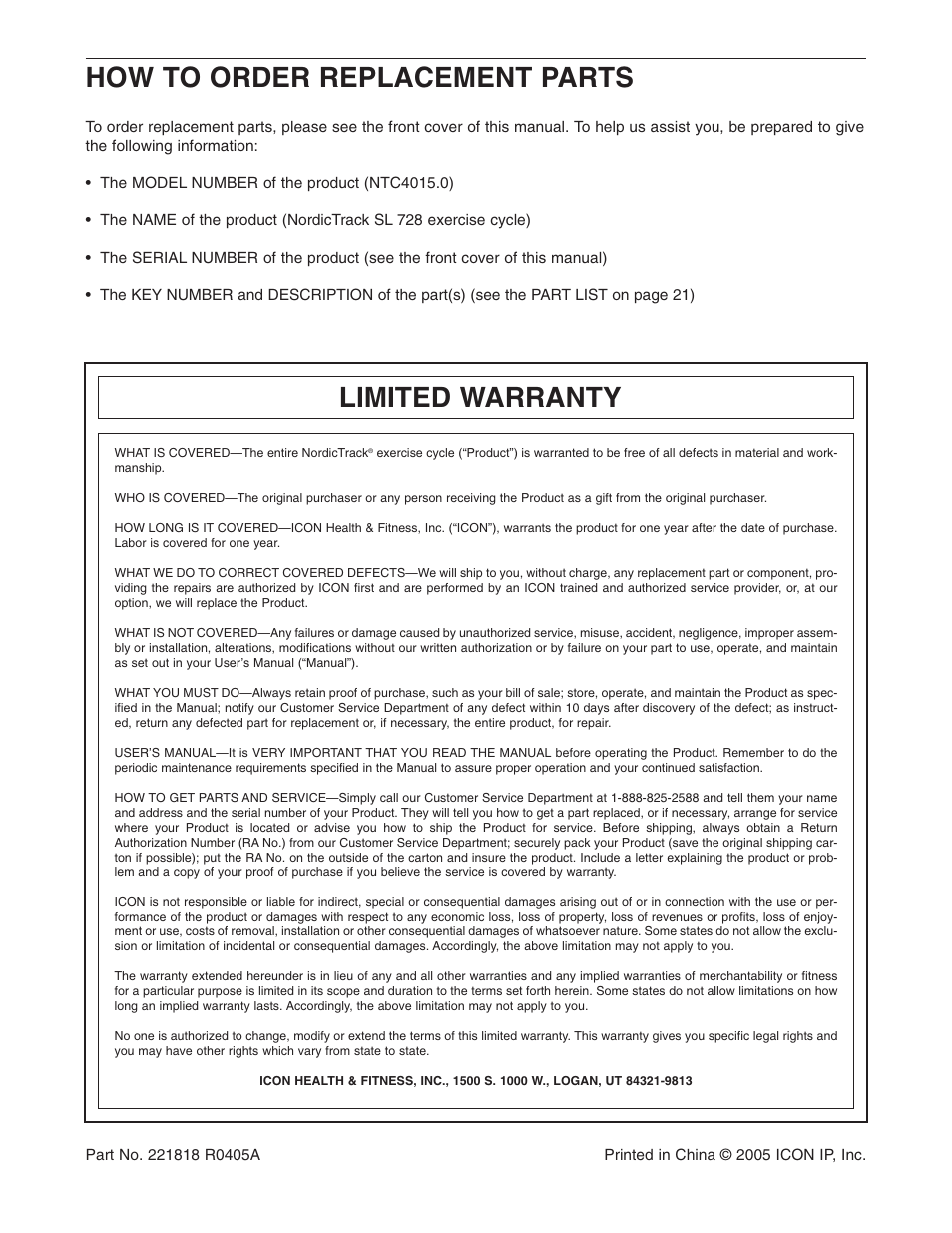 How to order replacement parts, Limited warranty | NordicTrack NTC4015.0 User Manual | Page 24 / 24