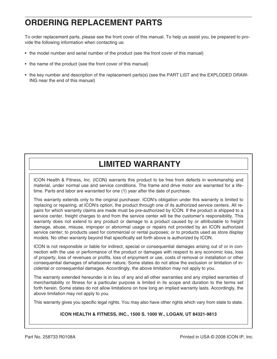 Ordering replacement parts, Limited warranty | NordicTrack NTL06907.3 User Manual | Page 36 / 36