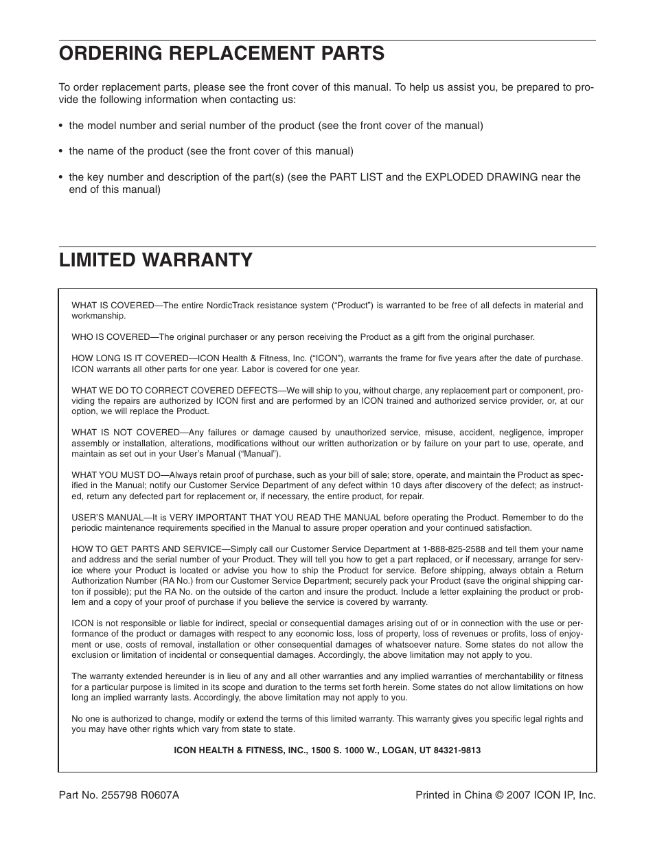 Ordering replacement parts limited warranty | NordicTrack NTSY9897.0 User Manual | Page 20 / 20