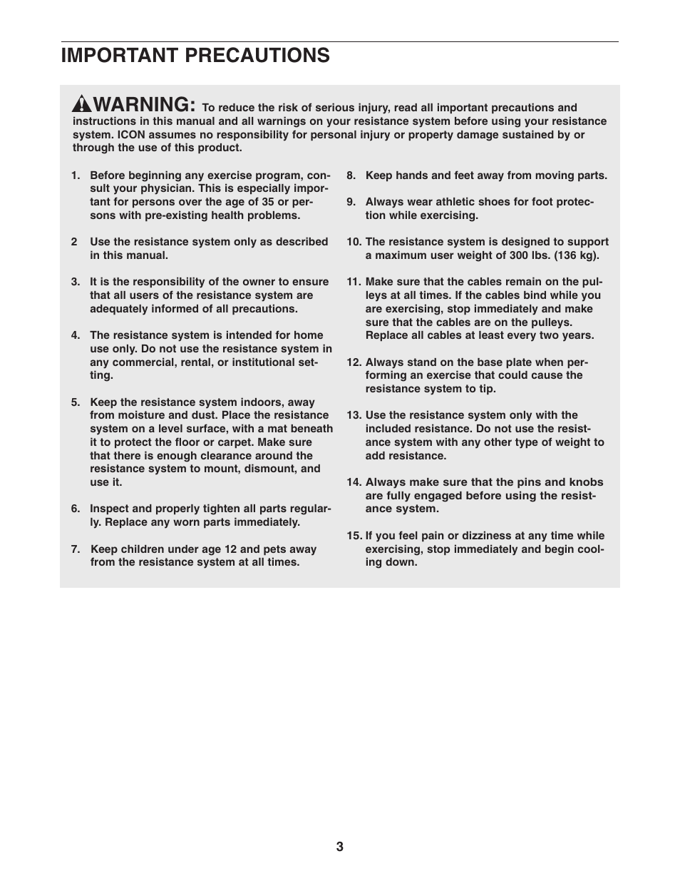 Warning, Important precautions | NordicTrack NTSY9897.0 User Manual | Page 3 / 20