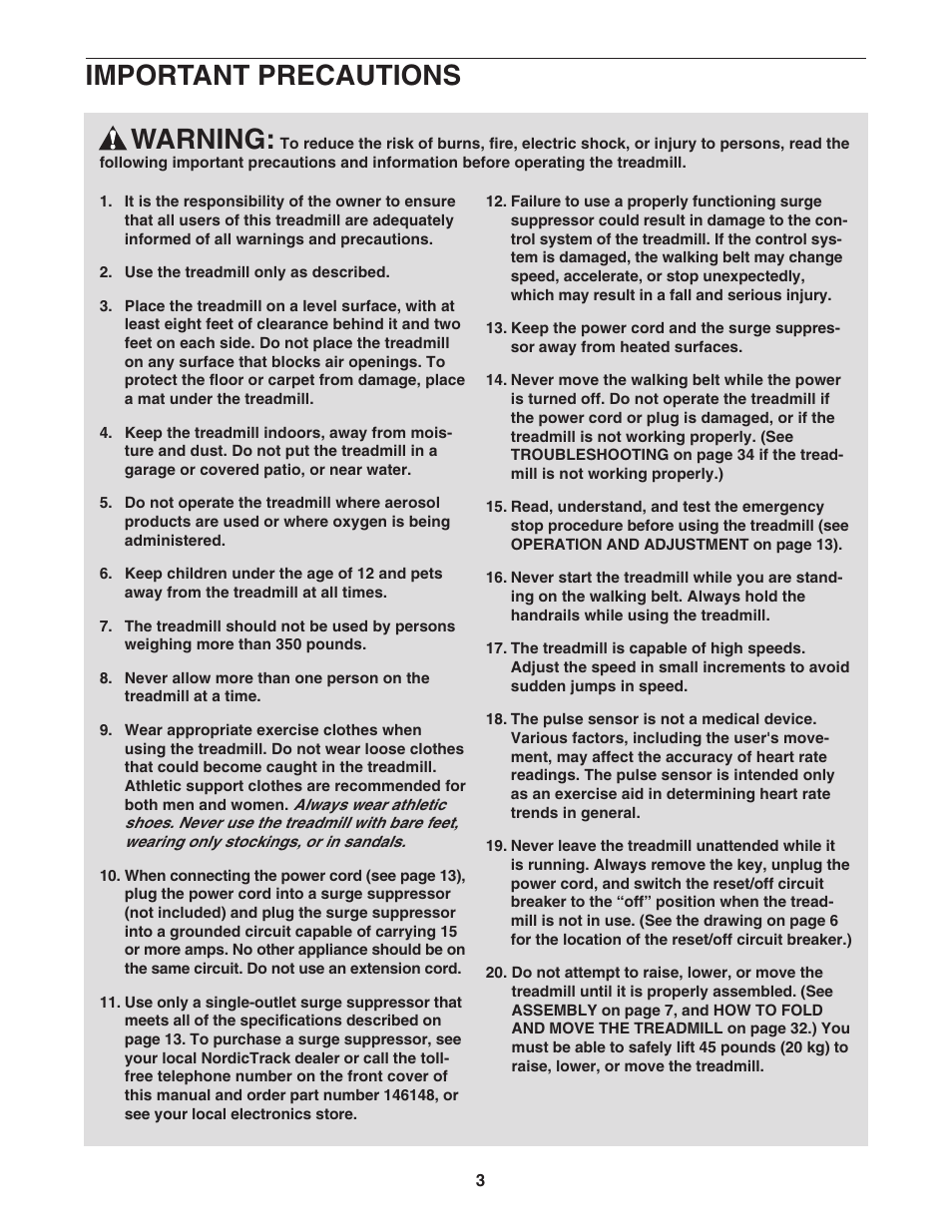 Warning, Important precautions | NordicTrack TREADMILL NTL14905.3 User Manual | Page 3 / 42