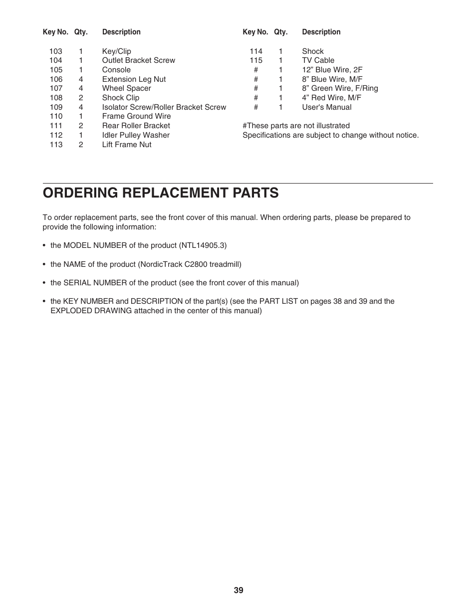 Ordering replacement parts | NordicTrack TREADMILL NTL14905.3 User Manual | Page 39 / 42