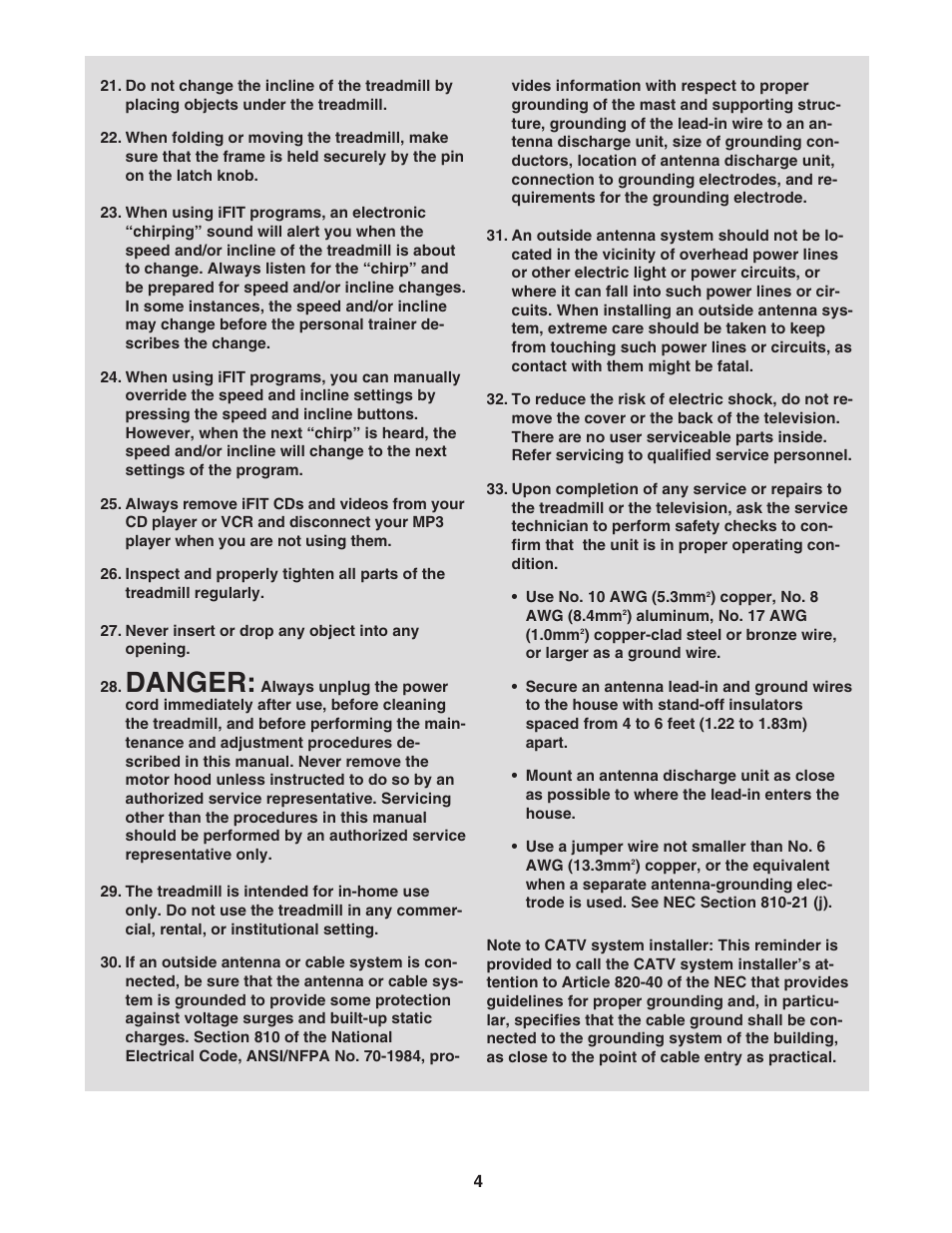 Danger | NordicTrack TREADMILL NTL14905.3 User Manual | Page 4 / 42