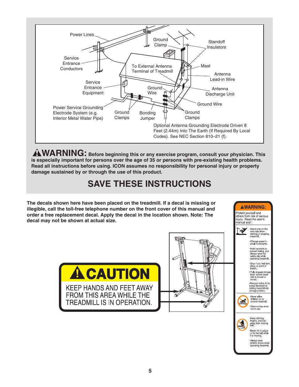 Warning, Save these instructions | NordicTrack TREADMILL NTL14905.3 User Manual | Page 5 / 42