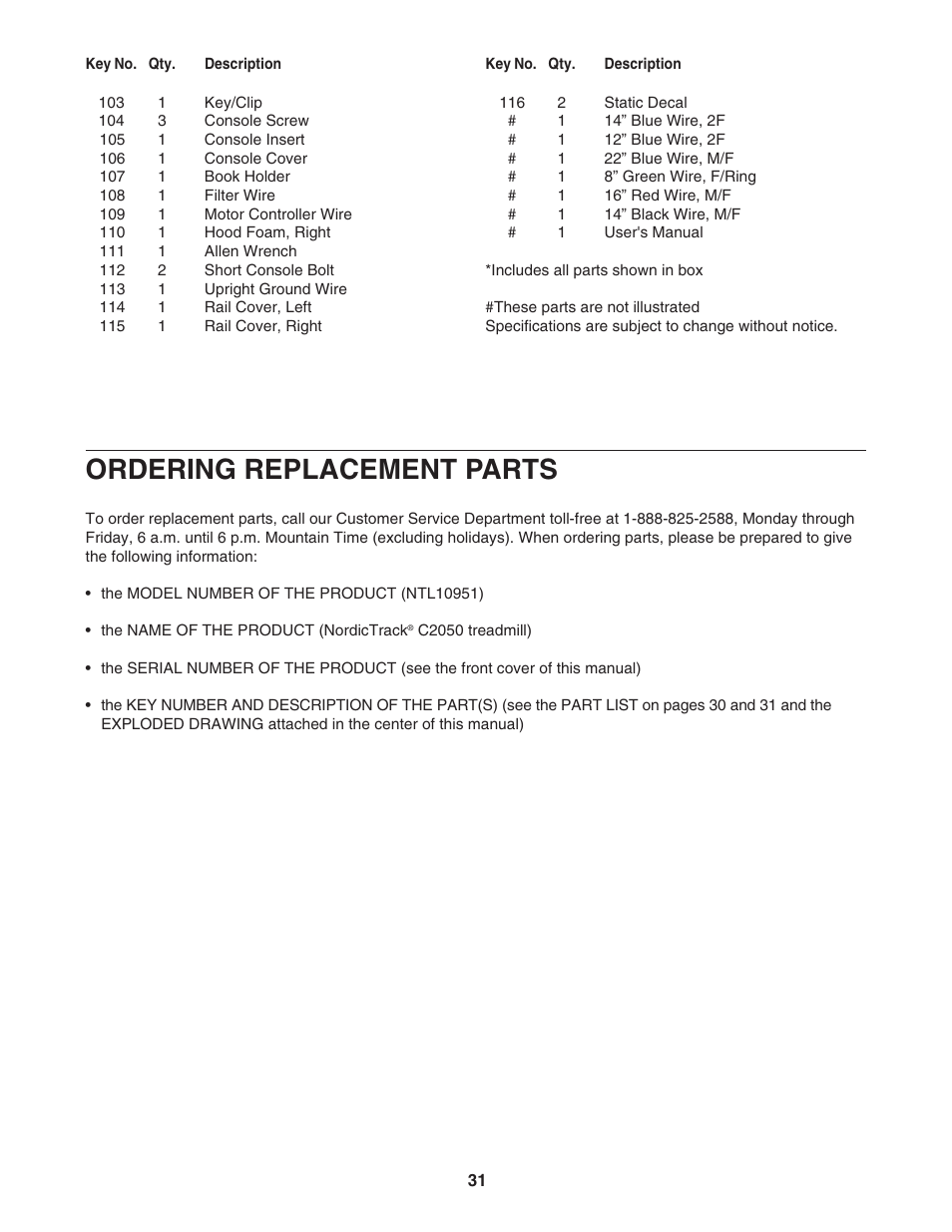Ordering replacement parts | NordicTrack C2050 NTL10951 User Manual | Page 31 / 34