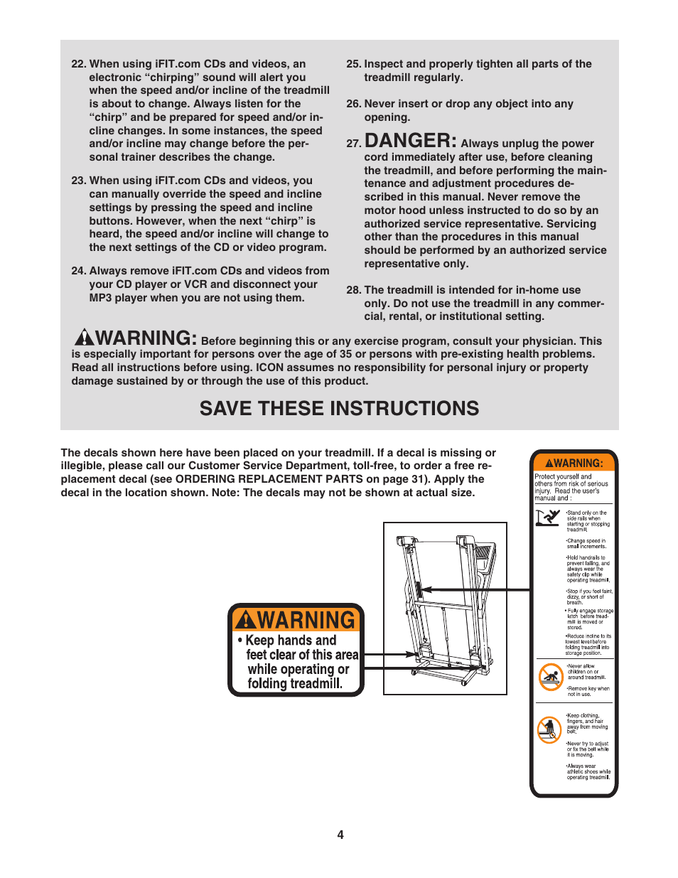 Danger, Warning, Save these instructions | NordicTrack C2050 NTL10951 User Manual | Page 4 / 34