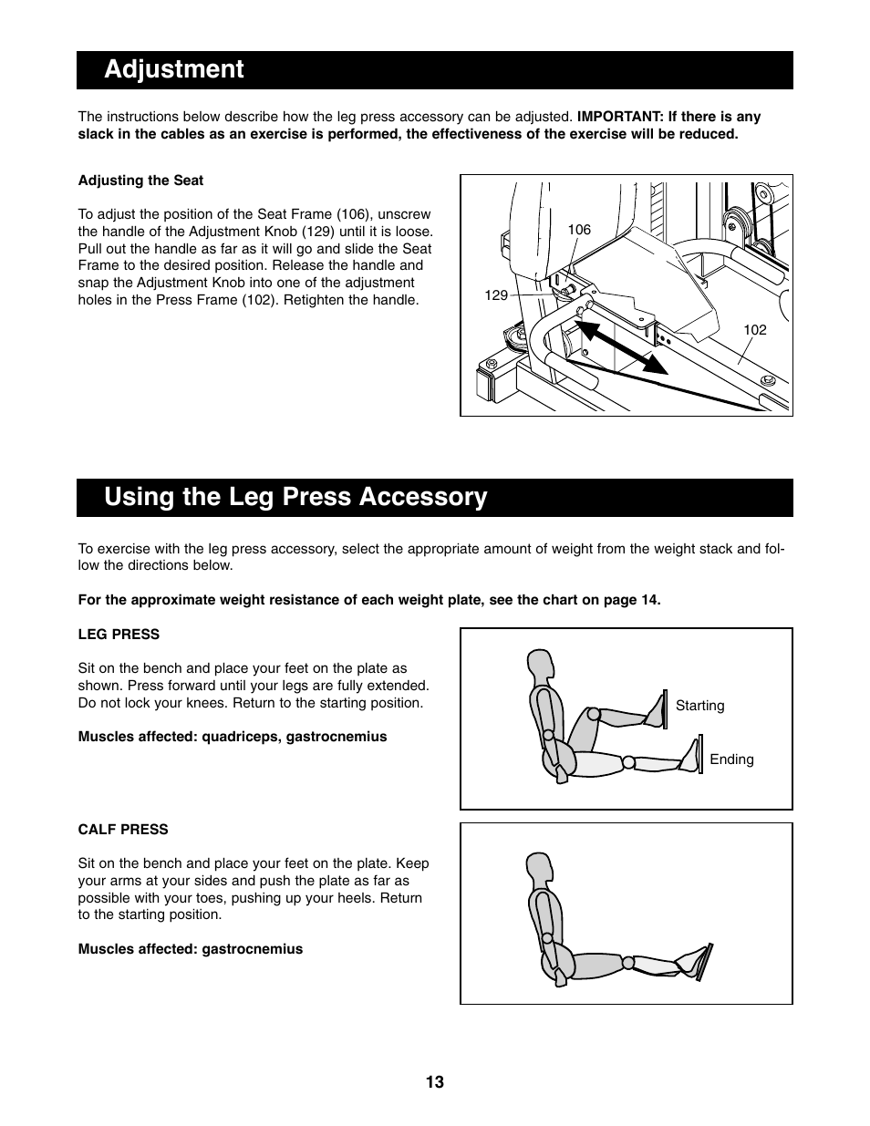 Adjustment using the leg press accessory | NordicTrack NTSA03990 User Manual | Page 13 / 16