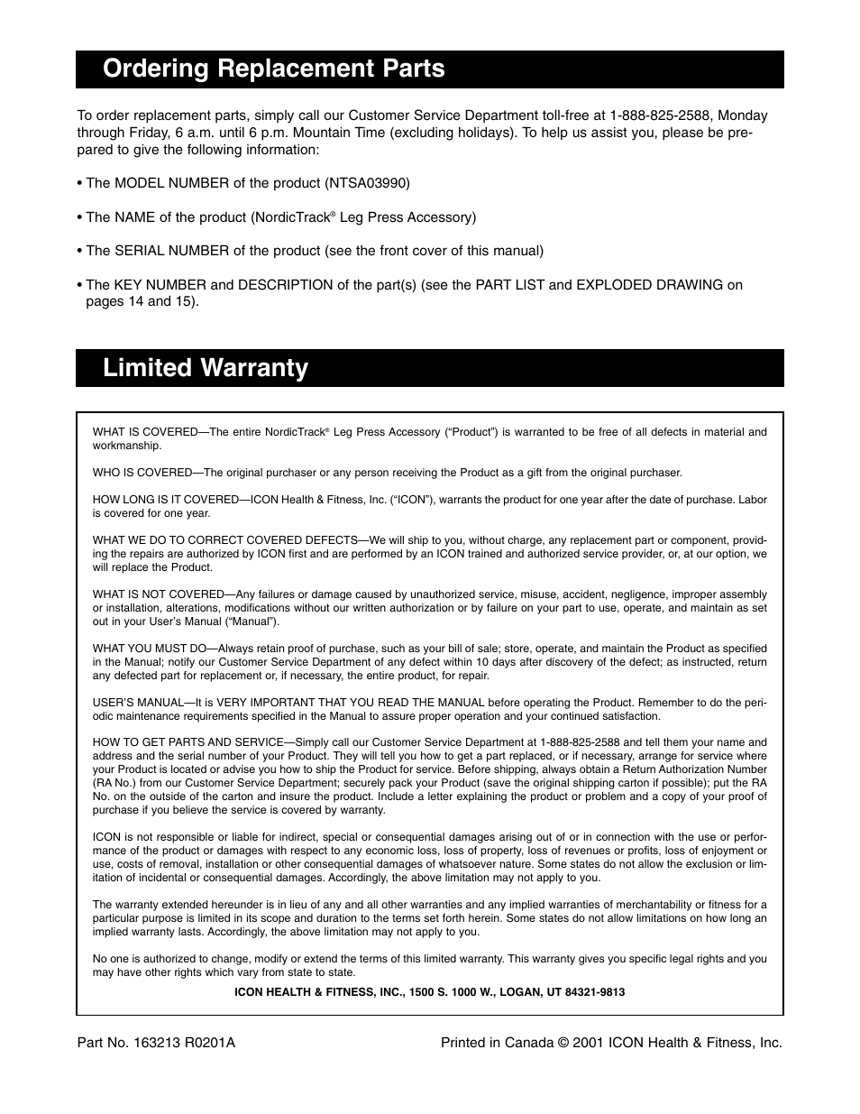 Ordering replacement parts, Limited warranty | NordicTrack NTSA03990 User Manual | Page 16 / 16