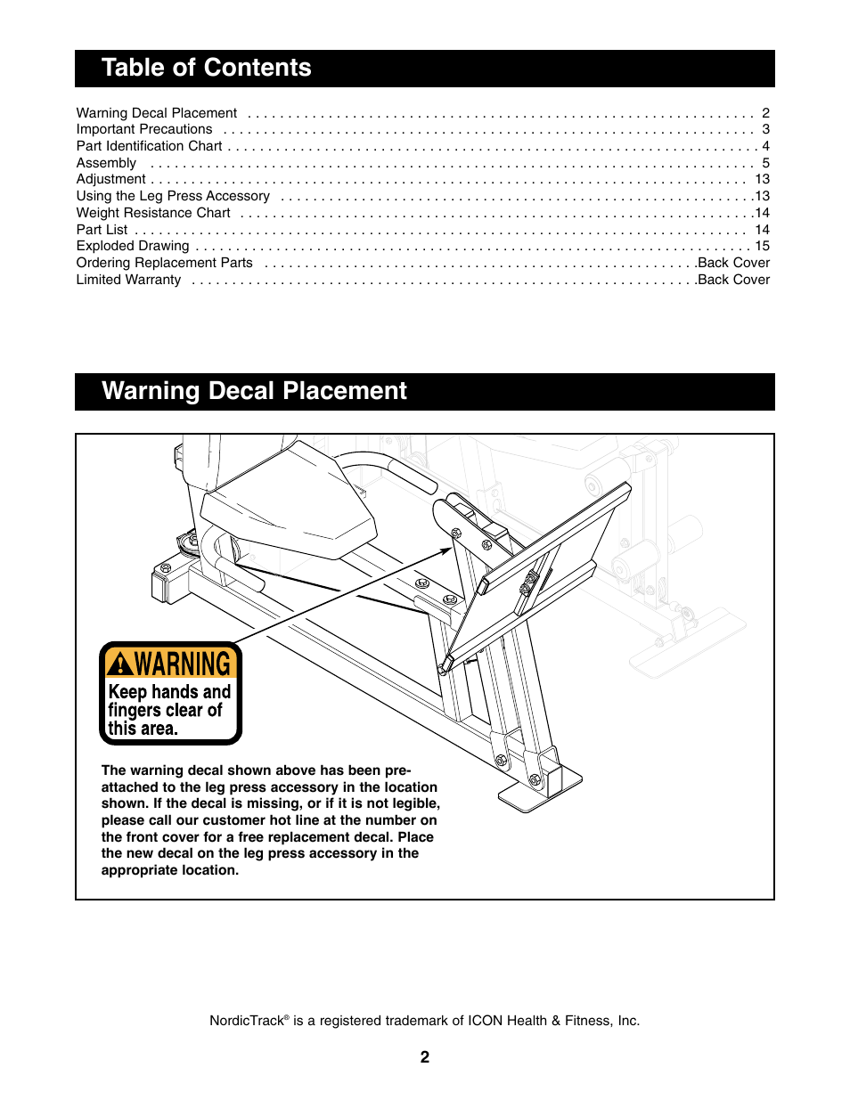 Table of contents warning decal placement | NordicTrack NTSA03990 User Manual | Page 2 / 16