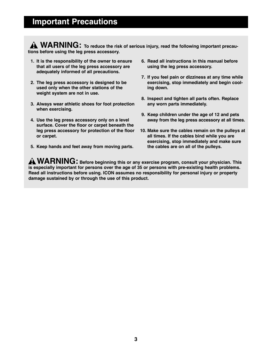 Warning, Important precautions | NordicTrack NTSA03990 User Manual | Page 3 / 16