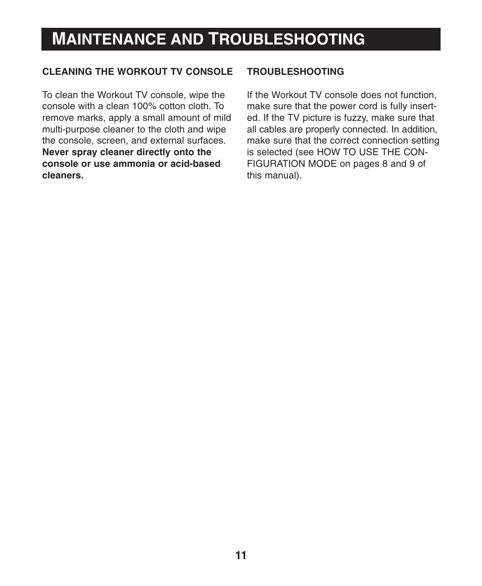 Aintenance and, Roubleshooting | NordicTrack Workout TV Console User Manual | Page 11 / 12