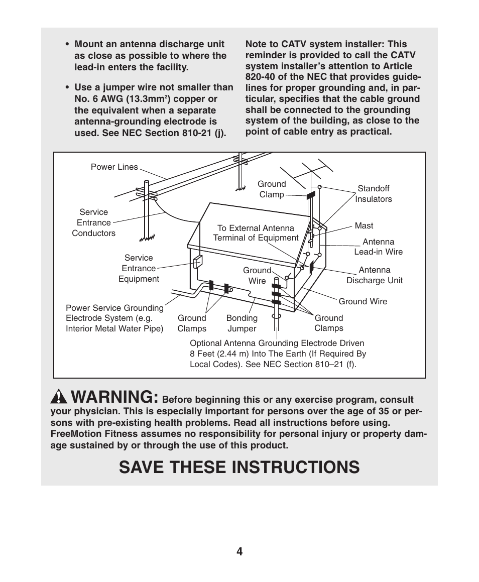 Warning, Save these instructions | NordicTrack Workout TV Console User Manual | Page 4 / 12