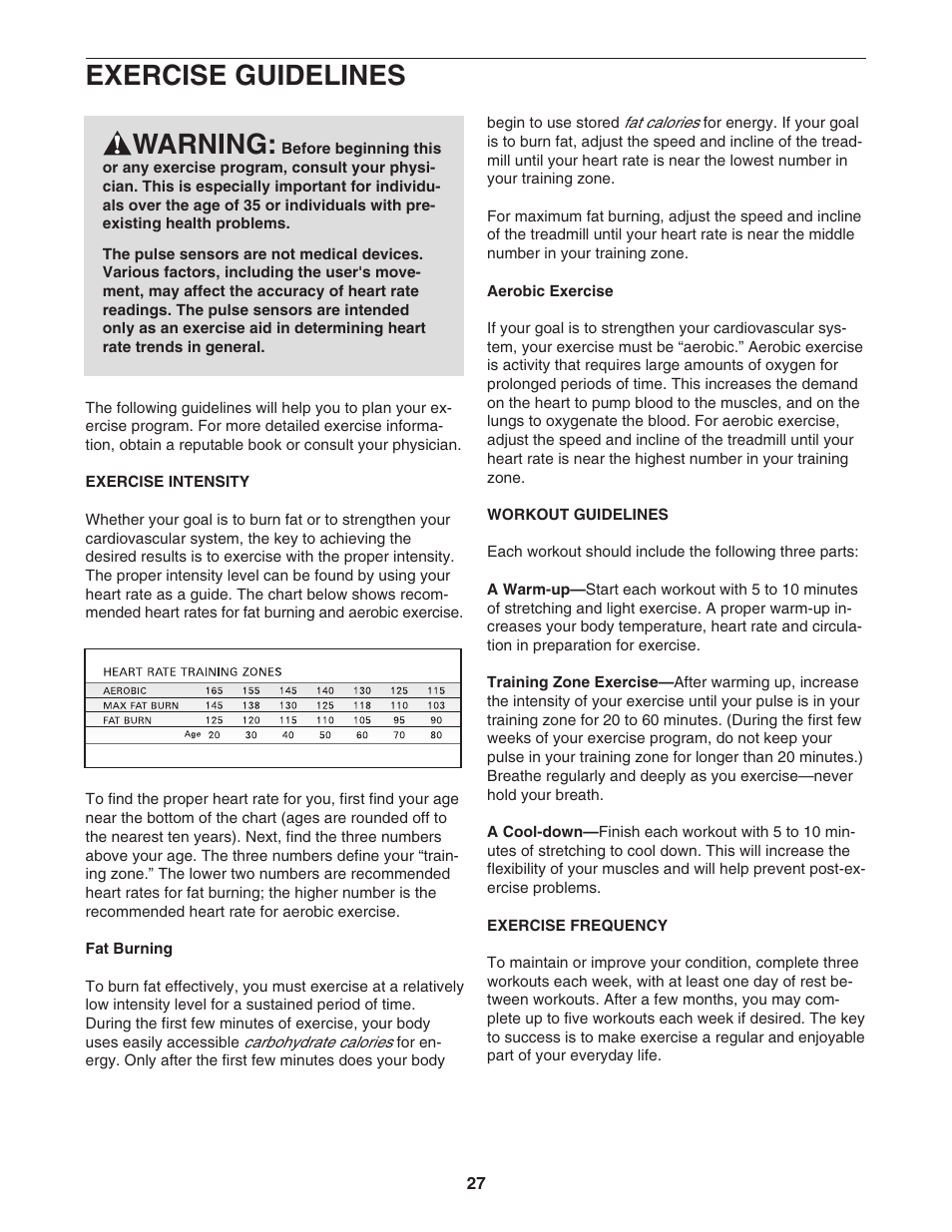 Exercise guidelines, Warning | NordicTrack NTL29105.1 User Manual | Page 27 / 32