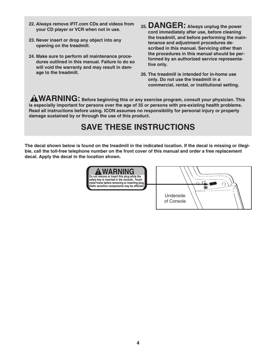Danger, Warning, Save these instructions | NordicTrack NTL29105.1 User Manual | Page 4 / 32
