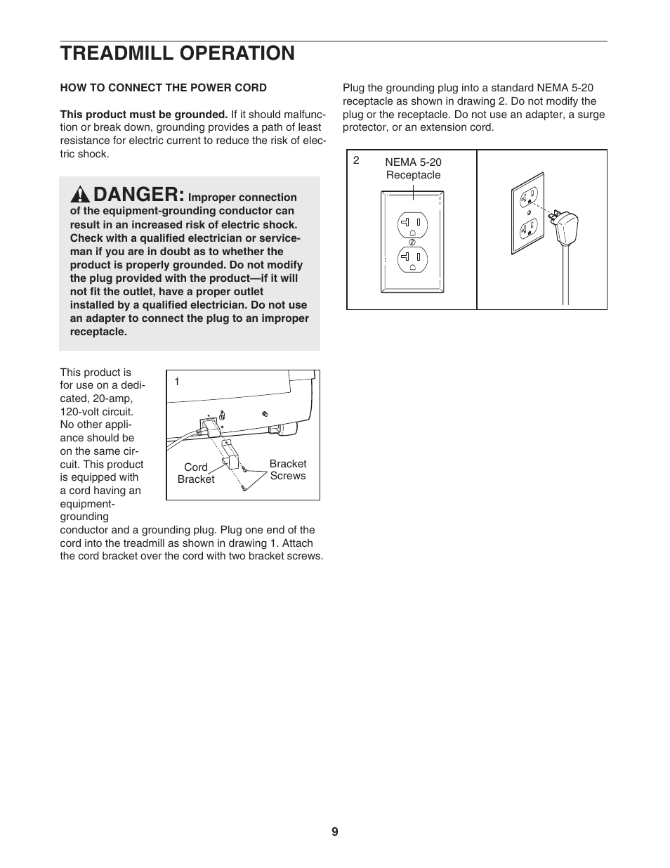 Danger, Treadmill operation | NordicTrack NTL29105.1 User Manual | Page 9 / 32