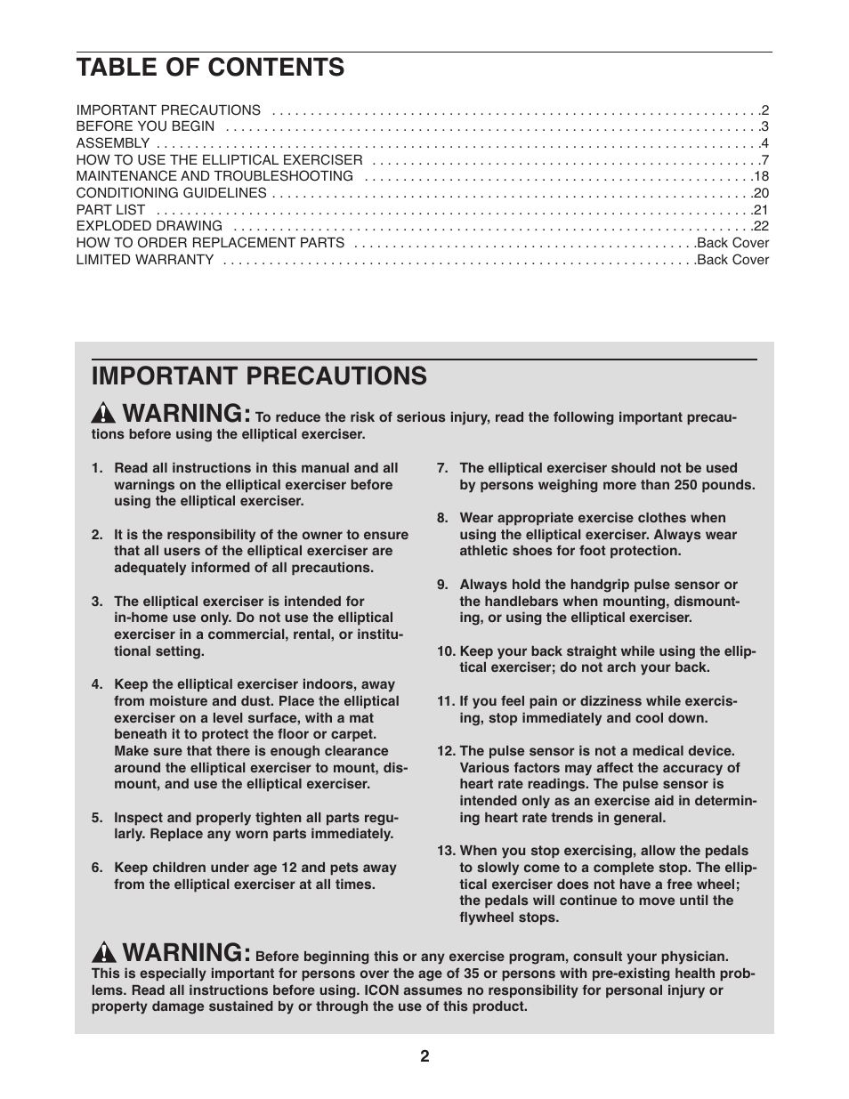 NordicTrack CX 938 elliptical exerciser 30621.0 User Manual | Page 2 / 24
