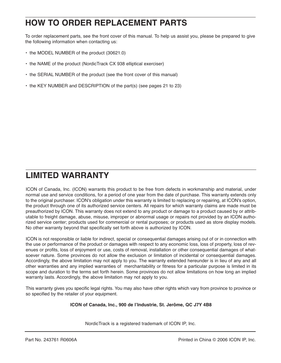 How to order replacement parts, Limited warranty | NordicTrack CX 938 elliptical exerciser 30621.0 User Manual | Page 24 / 24
