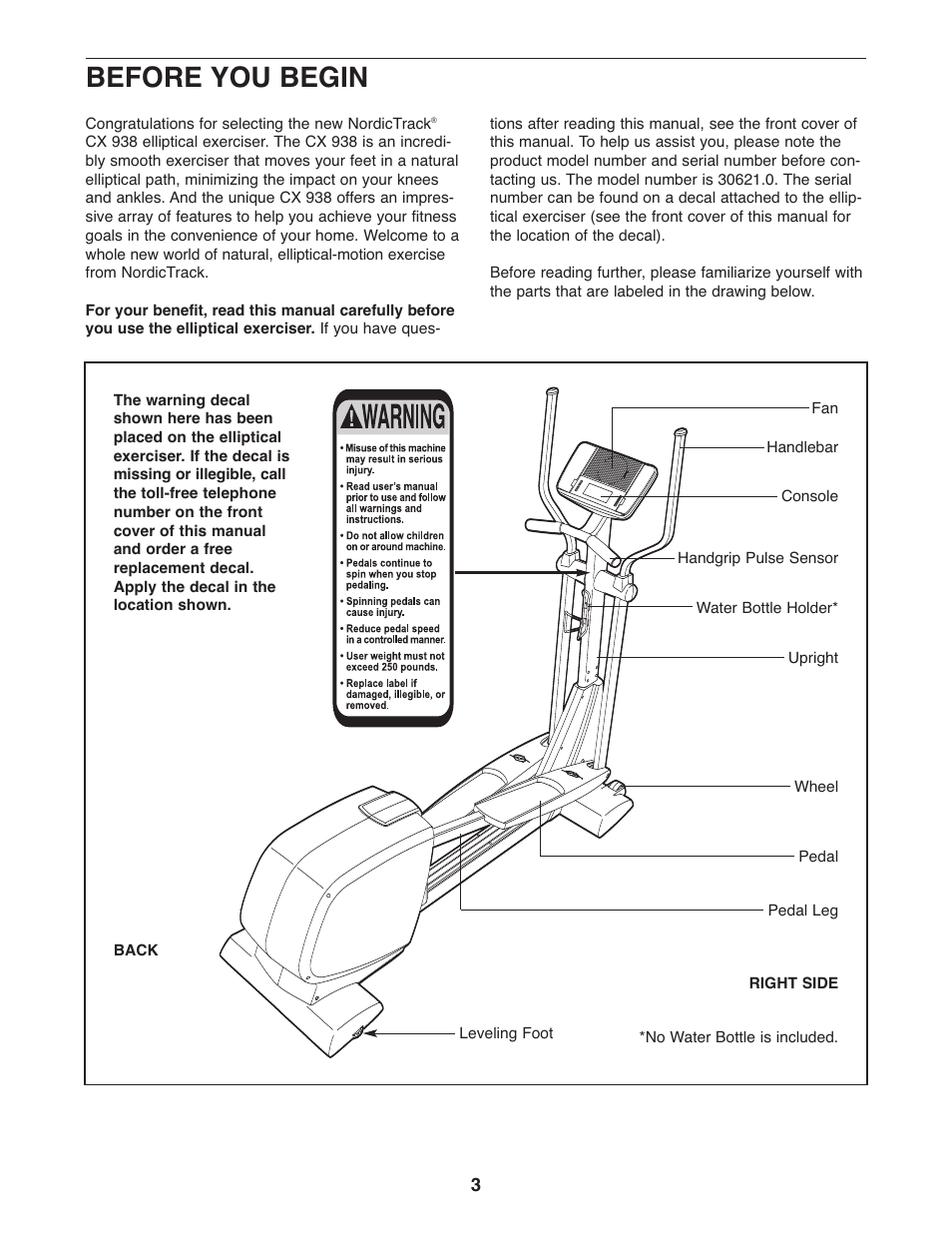 Before you begin | NordicTrack CX 938 elliptical exerciser 30621.0 User Manual | Page 3 / 24